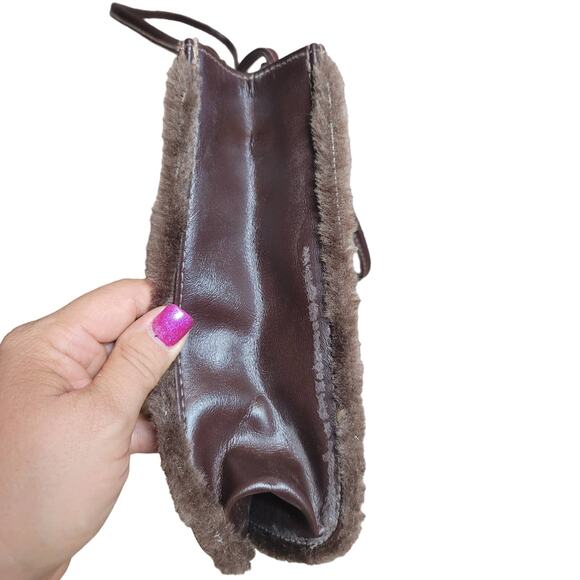 Bucket Purse Brown Faux Fur Edges 8" Height 8.5" Width - Picture 4 of 8